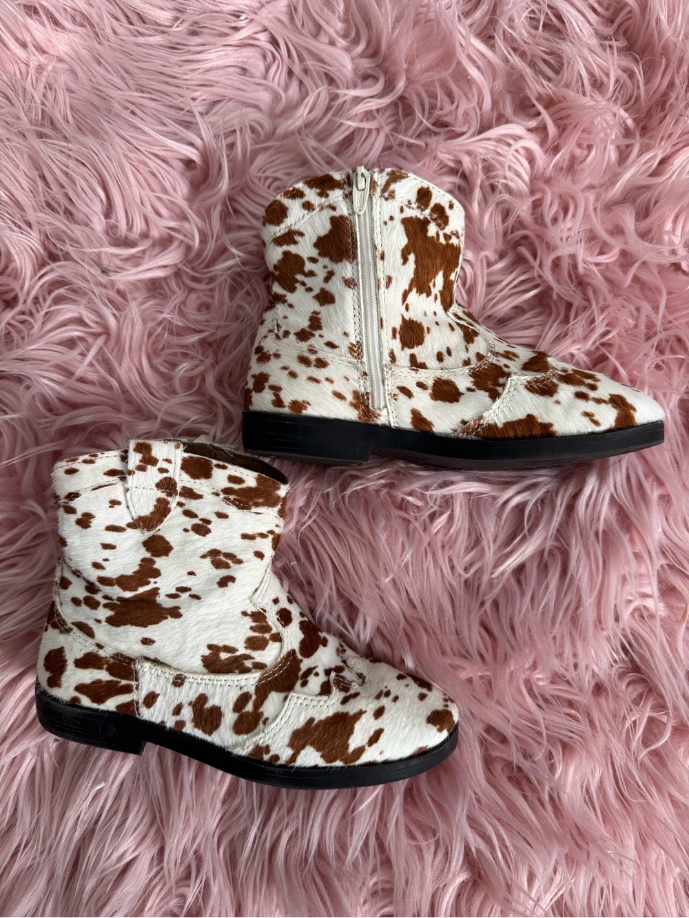 Zara Brown and White Cow-Print Kids Zip Ankle Boots